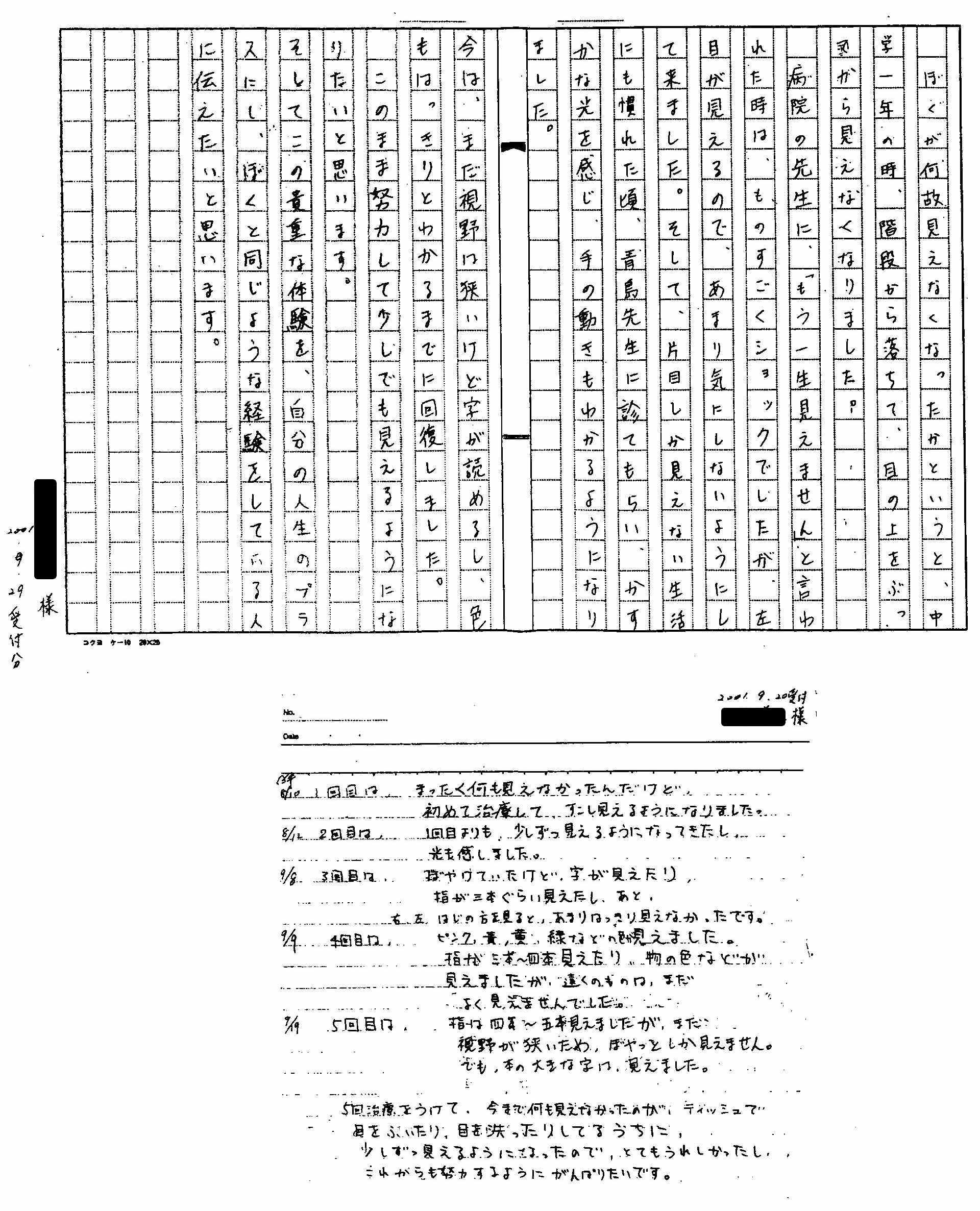 気功会報：外傷性視神経症で失明していた少年が書いた回復の記録の手記